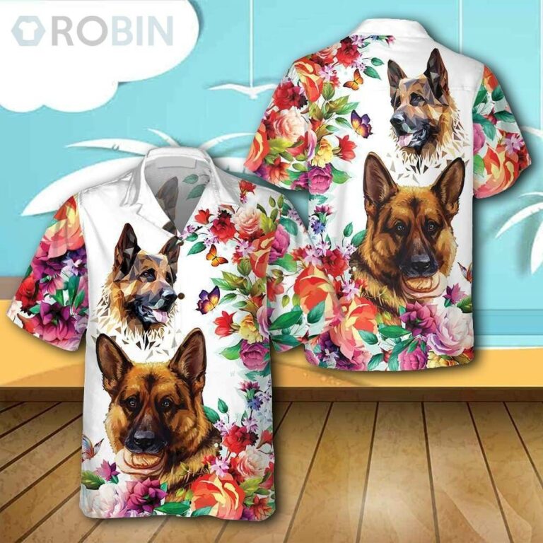German Shepherd Floral Pattern Button Hawaiian Shirt