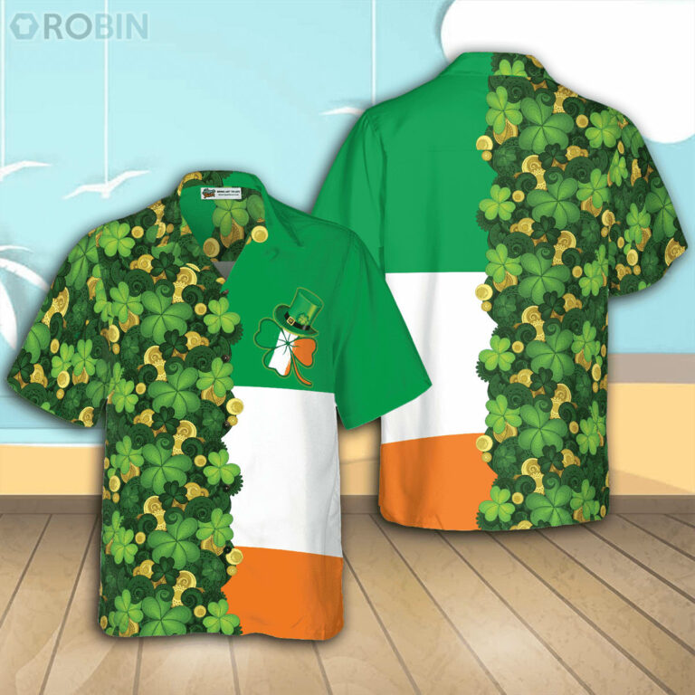 Gold Coins Shamrock Saint Patrick’s Day Irish Ireland Flag Casual Button Down Shirt