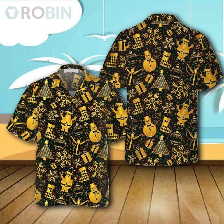 Golden Christmas Elements Casual Button Down Hawaiian Shirt