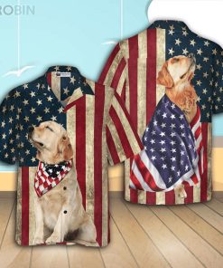 Golden Retriever American Flag Casual Button Down Hawaiian Shirt