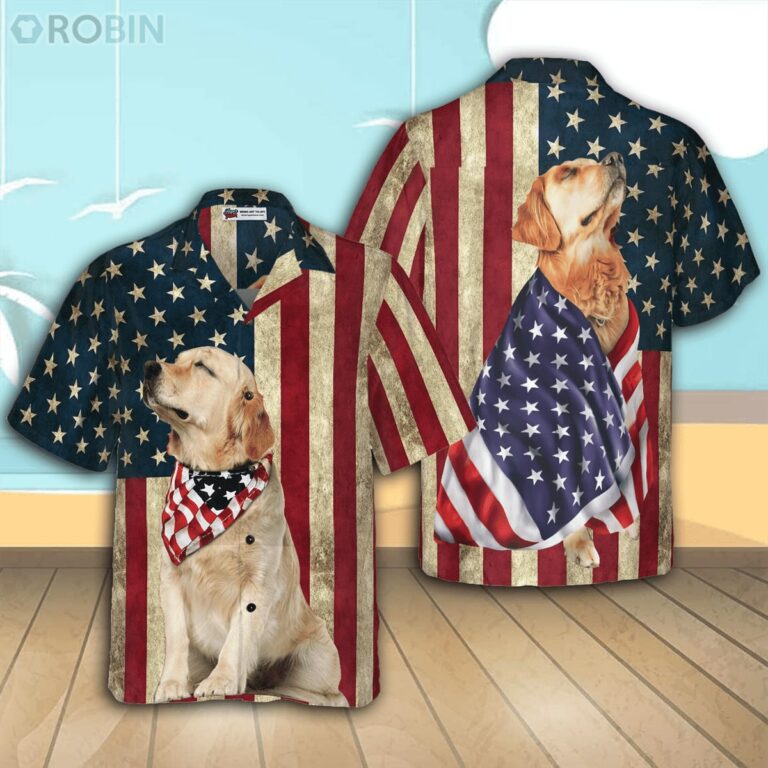 Golden Retriever American Flag Casual Button Down Hawaiian Shirt