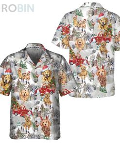 Golden Retriever On Christmas Casual Button Down Hawaiian Shirt Golden Retriever On Christmas Casual Button Down Hawaiian Shirt