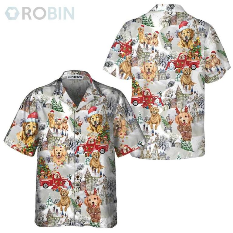 Golden Retriever On Christmas Casual Button Down Hawaiian Shirt