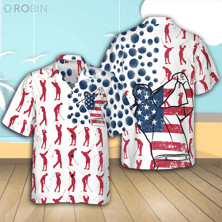 Golf Lover American Flag Pose Casual Button Down Hawaiian Shirt
