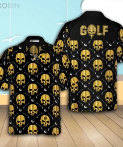 Golf And Golden Skull Pattern Casual Button Down Hawaiian Shirt Golf And Golden Skull Pattern Casual Button Down Hawaiian Shirt