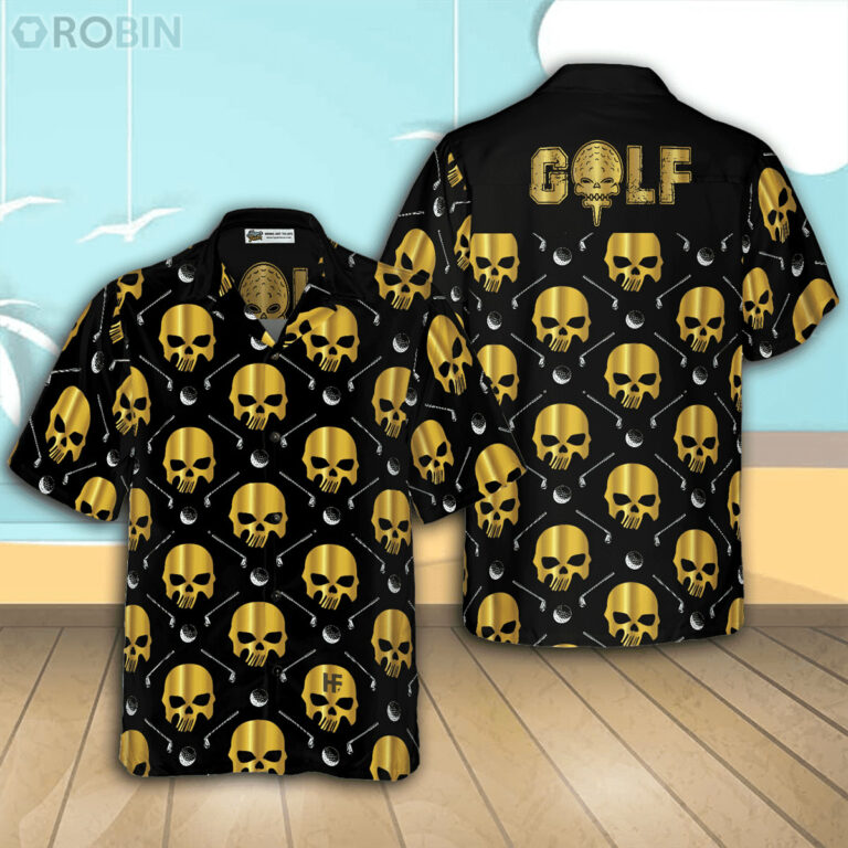 Golf And Golden Skull Pattern Casual Button Down Hawaiian Shirt