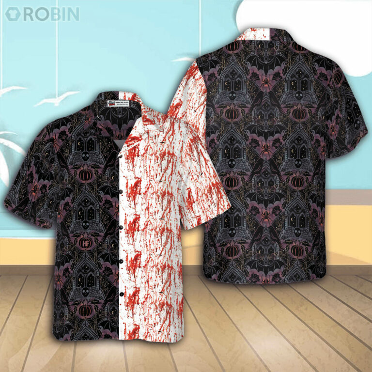 Gothic Halloween Blood Hawaiian, Satanic Bat And Spider Goth Casual Button Down Hawaiian Shirt