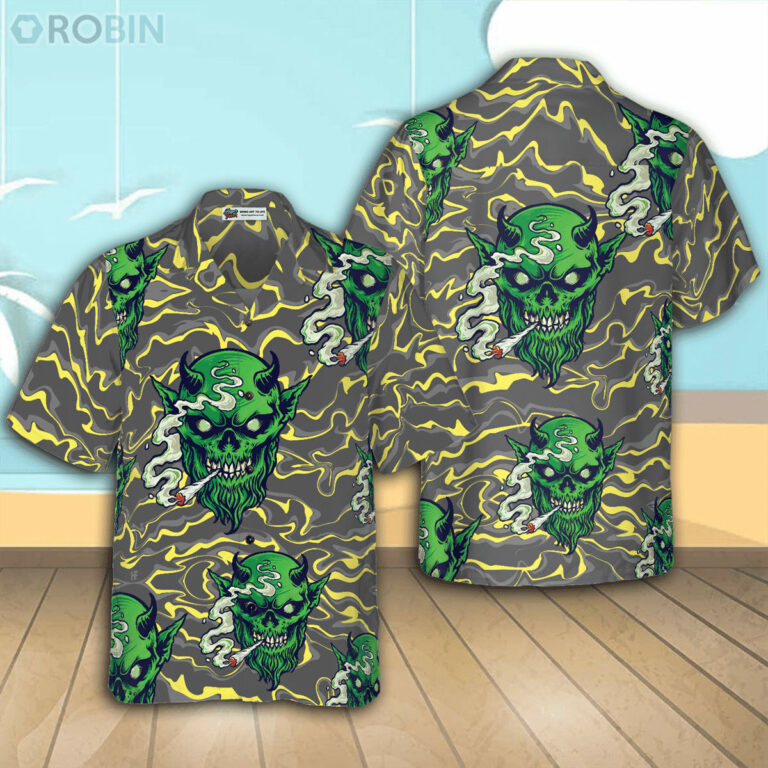 Gothic Satan Smokes Green Thing Casual Button Down Hawaiian Shirt