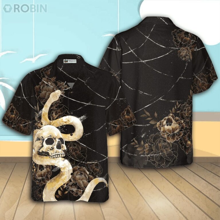 Gothic Skull with Snake Hawaiian Shirt, Black Peony Flowers Goth Shirt