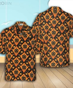 Grinning Black Cats Halloween Hawaiian, Black And Pumpkin Orange Harlequin Pattern Hawaiian Shirt