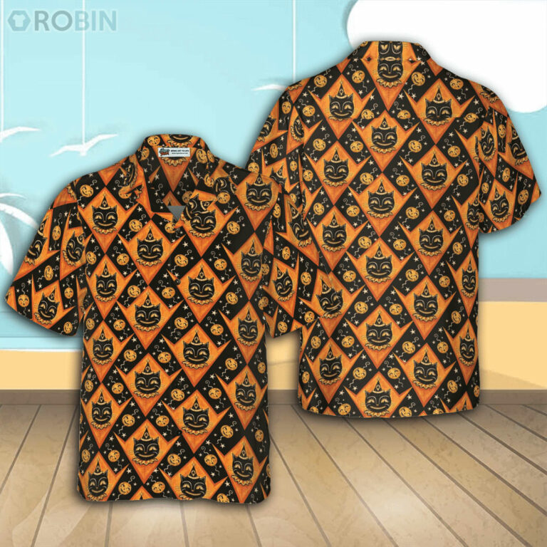 Grinning Black Cats Halloween Hawaiian, Black And Pumpkin Orange Harlequin Pattern Hawaiian Shirt