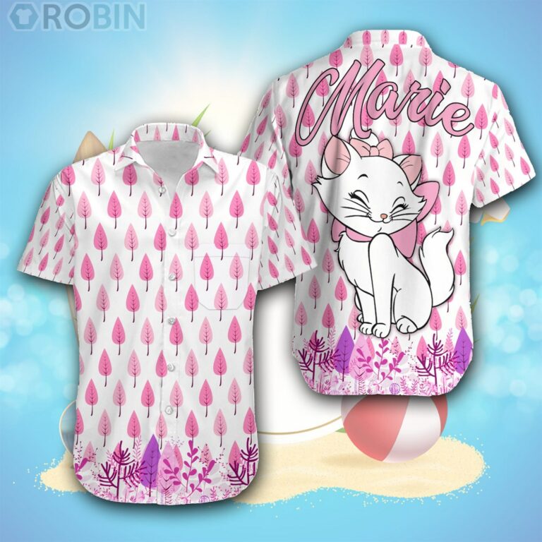 Marie Cat Pink White Leaf Pattern Disney Hawaiian Shirt