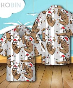 Sloth In Santa Hat Grey Christmas Casual Button Down Hawaiian Shirt