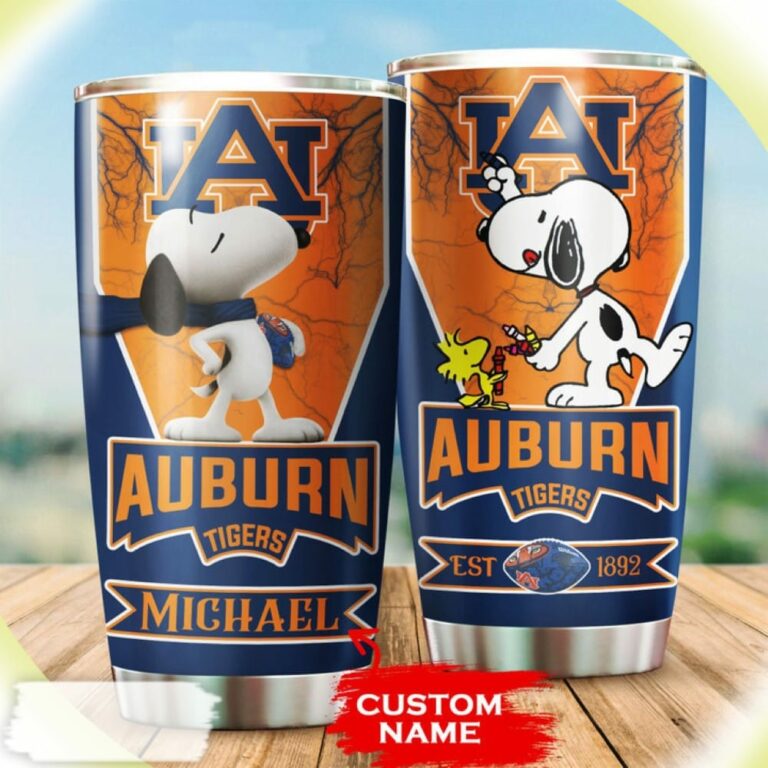 Snoopy and Woodstocks Paints Logo Auburn Tigers Custom Name Tumbler