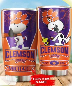 Snoopy and Woodstocks Paints Logo Clemson Tigers Custom Name Tumbler