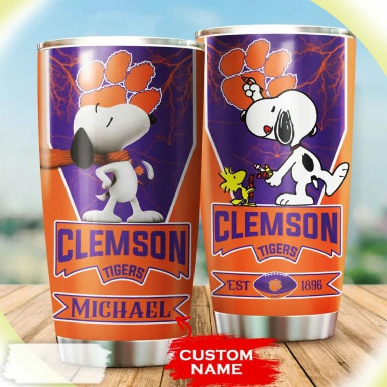 Snoopy and Woodstocks Paints Logo Clemson Tigers Custom Name Tumbler