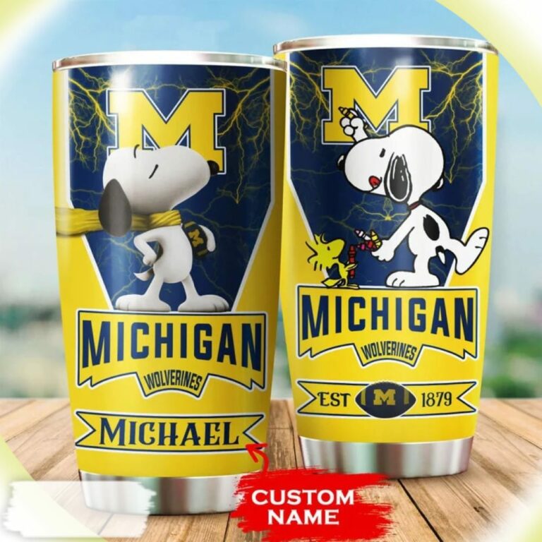 Snoopy and Woodstocks Paints Logo Michigan Wolverines Custom Name Tumbler