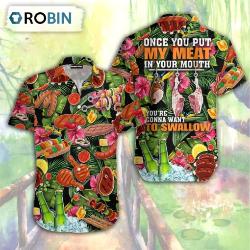 Barbecue BBQ National Day Meat Beer Put Meat In Mouth To Swallow Aloha Hawaiian Shirt