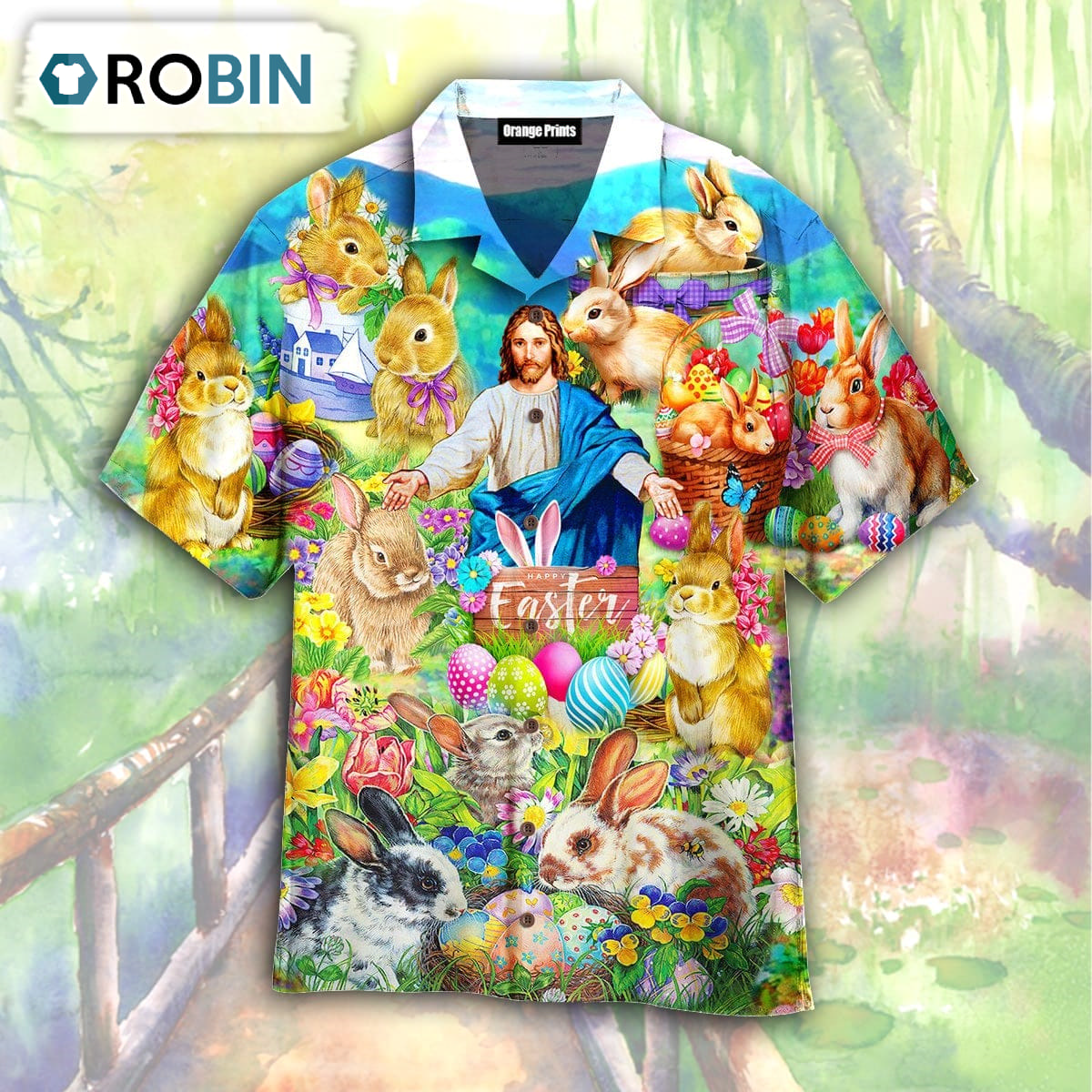 Easter Rabbit Jesus Chilling In The Flower Landscape Hawaiian Shirt
