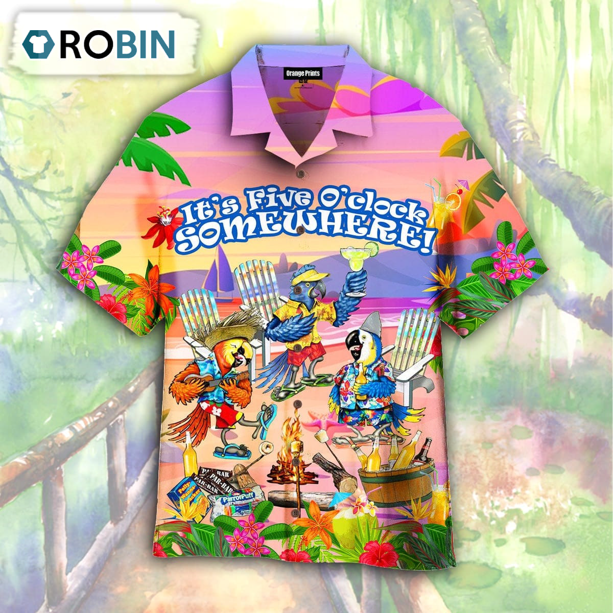 It's 5 O'clock Somewhere Parrot Party On The Beach Hawaiian Shirt