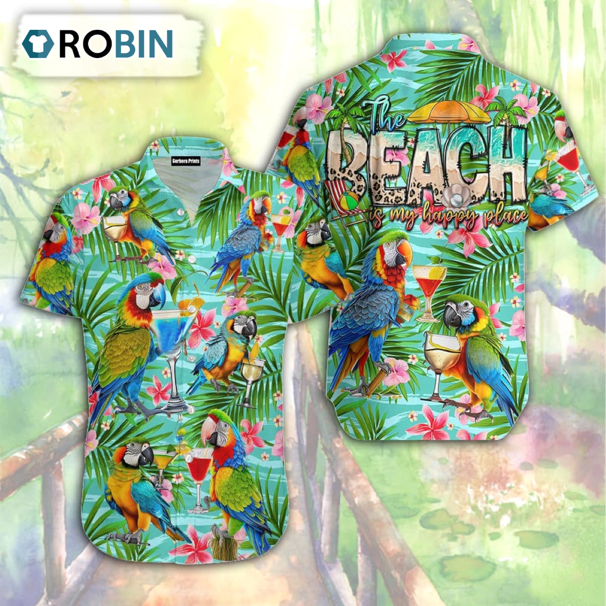 Parrot Drinking Cocktails The Beach Is My Happy Place Tropical Style Funny Aloha Hawaiian Shirt