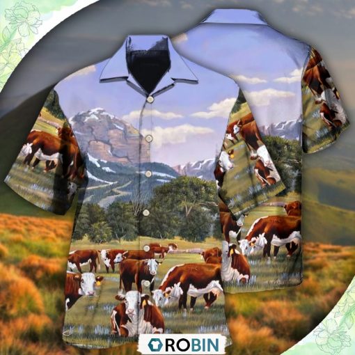 Cow Hereford Cow Beautiful Landscape Hawaiian Shirt, Shirt For Summer