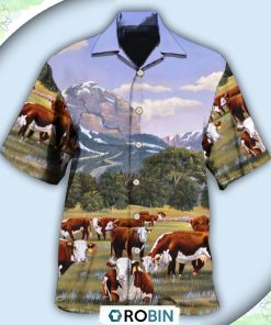 Cow Hereford Cow Beautiful Landscape Hawaiian Shirt, Shirt For Summer