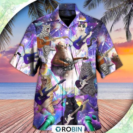 Guitar Music Cat Playing Guitar And Galaxy Hawaiian Shirt, Shirt For Summer