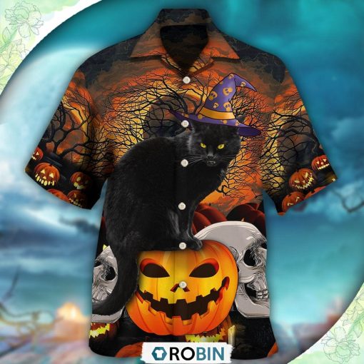 Halloween Black Cat Scary Pumpkin Hawaiian Shirt, Shirt For Summer