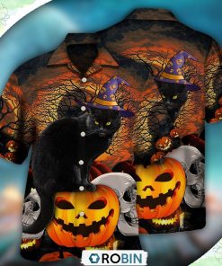 Halloween Black Cat Scary Pumpkin Hawaiian Shirt, Shirt For Summer