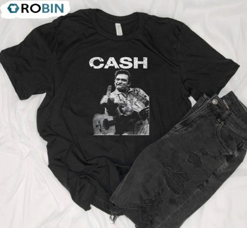 Johnny Cash Distressed Graphic Shirt, Middle Finger Crewneck Short Sleeve