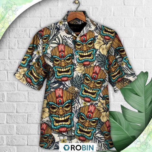 Tiki Tribal Mask With Tropical Leaves Hawaiian Shirt, Shirt For Summer