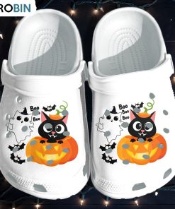 Black Cat In Pumpkin And Ghost Cat Cartoon Crocs Shoes