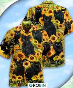 Black Cat Love Sunflower Casual Button-Down Shirt