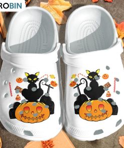 Black Cat Sitting On Pumpkin Crocs Shoes