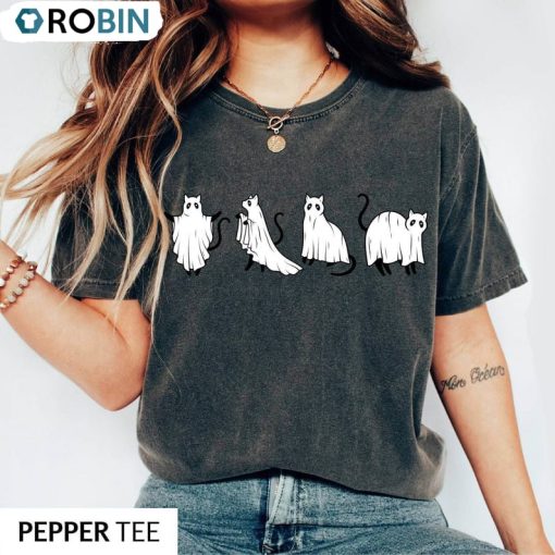 Cat Halloween Shirt, Ghost Halloween Tee Tops Short Sleeve