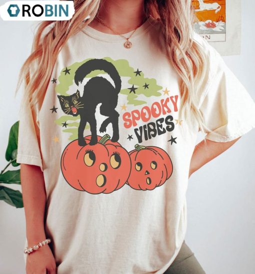 Comfort Colors Spooky Vibes Shirt, Black Cat On Pumpkin Unisex Shirt