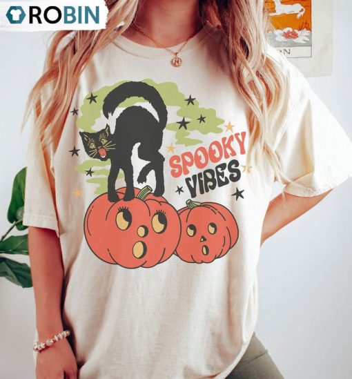 Comfort Colors Spooky Vibes Shirt, Black Cat On Pumpkin Unisex Shirt