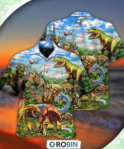 Dinosaur Rawrsome World Blue Sky Casual Button-Down Shirt Dinosaur Rawrsome World Blue Sky Casual Button-Down Shirt