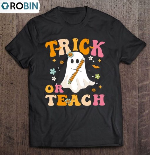 Groovy Halloween Trick Or Teach Retro Floral Ghost Teacher Essential Unisex Shirt