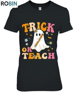 Groovy Halloween Trick Or Teach Retro Floral Ghost Teacher Essential Unisex Shirt
