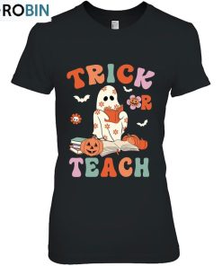 Groovy Halloween Trick Or Teach Retro Floral Ghost Teacher Shirt