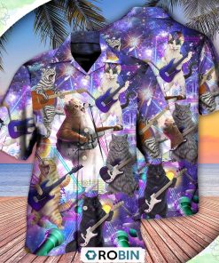 Guitar Music Cat Playing Guitar And Galaxy Casual Button-Down Shirt