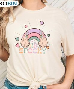 Halloween Stay Spooky Shirt, Halloween Ghost Rainbow Sweater Short Sleeve