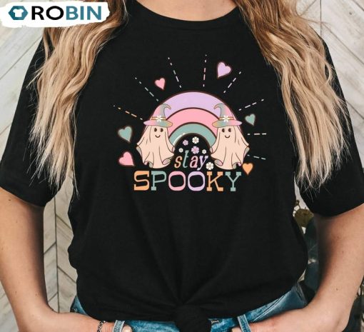 Halloween Stay Spooky Shirt, Halloween Ghost Rainbow Sweater Short Sleeve