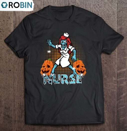 Halloween Zombie Nurse Leopard Pumpkins With Spiders Essential Unisex Shirt
