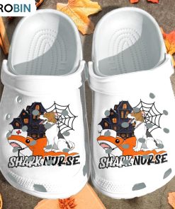 Happy Dog Sitting On Shark Nurse Crocs Shoes