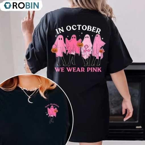 In October We Wear Pink Ghost Funny Shirt, Cancer Halloween Crewneck Sweatshirt