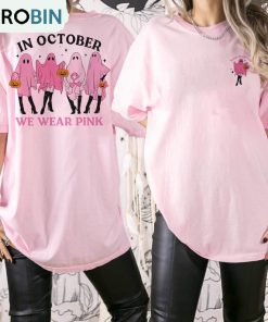 In October We Wear Pink Ghost Funny Shirt, Cancer Halloween Crewneck Sweatshirt