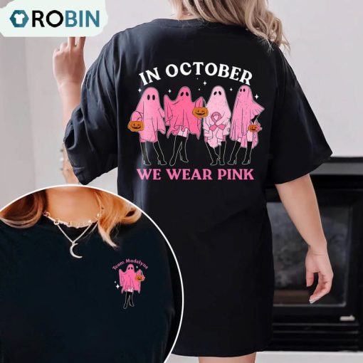 In October We Wear Pink Ghost Funny Shirt, Cancer Halloween Crewneck Sweatshirt